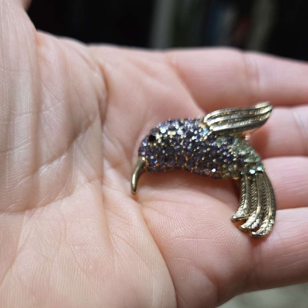 Vintage Monet Goldtone Purple + Green Rhinestone Hummingbird Pin Brooch
